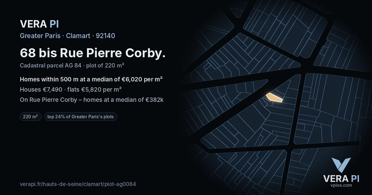 68 bis Rue Pierre Corby, Clamart at night – the plot lit, the parcels around coloured by the prices near them