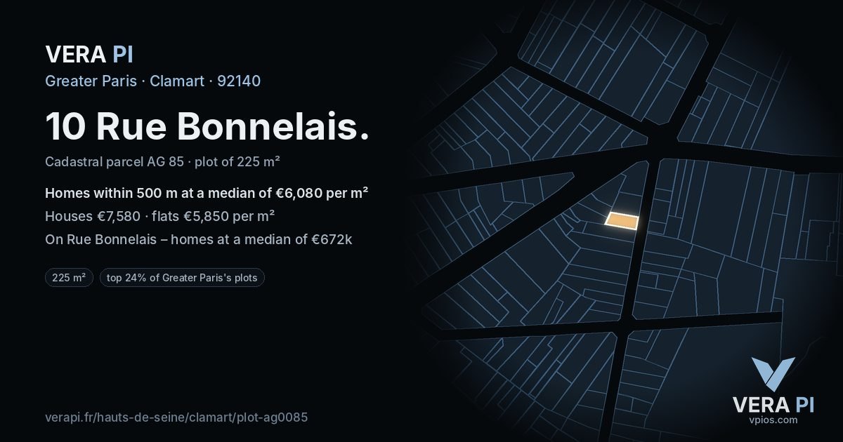 10 Rue Bonnelais, Clamart at night – the plot lit, the parcels around coloured by the prices near them