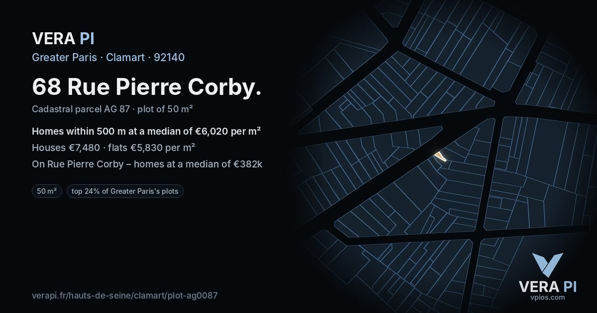 68 Rue Pierre Corby, Clamart at night – the plot lit, the parcels around coloured by the prices near them