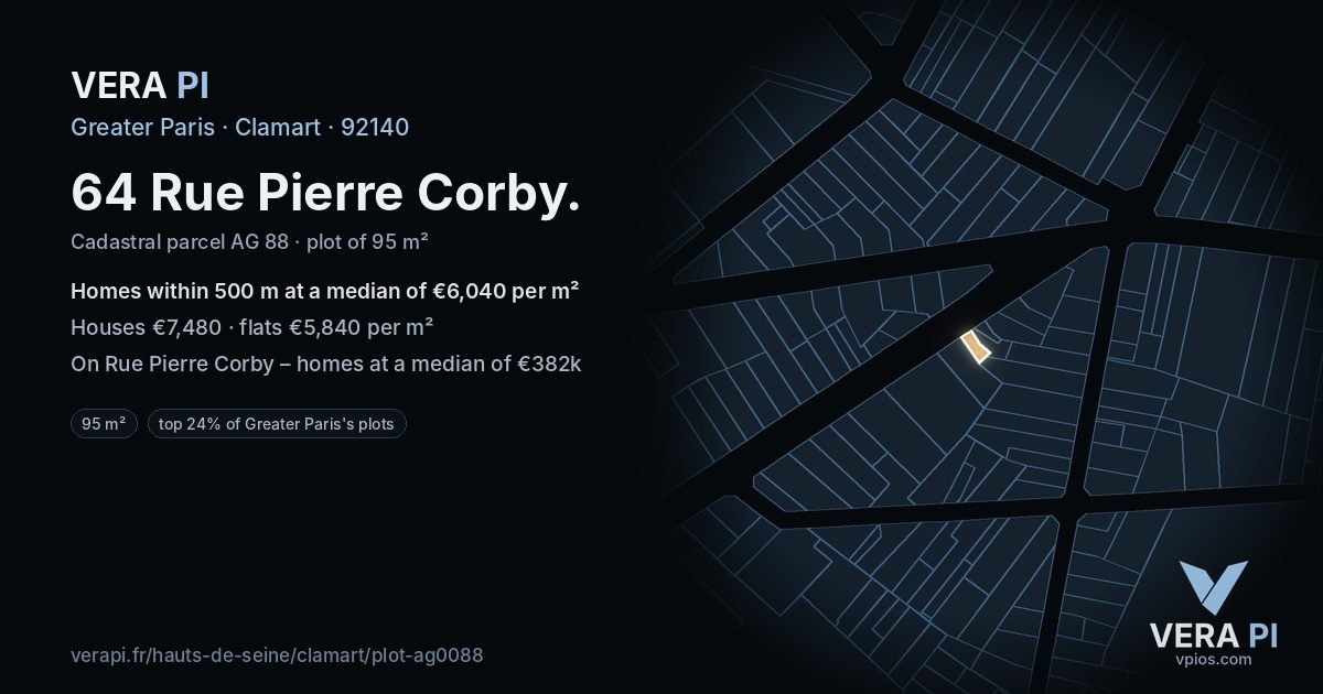 64 Rue Pierre Corby, Clamart at night – the plot lit, the parcels around coloured by the prices near them