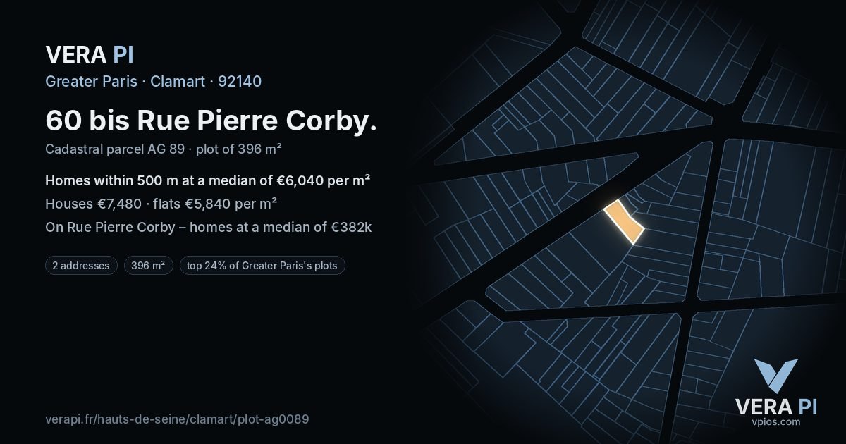 60 bis Rue Pierre Corby, Clamart at night – the plot lit, the parcels around coloured by the prices near them
