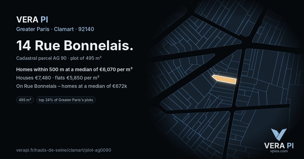 14 Rue Bonnelais, Clamart at night – the plot lit, the parcels around coloured by the prices near them