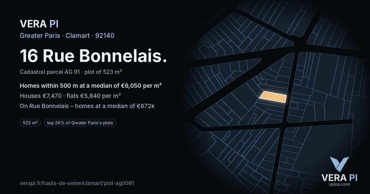 16 Rue Bonnelais, Clamart at night – the plot lit, the parcels around coloured by the prices near them