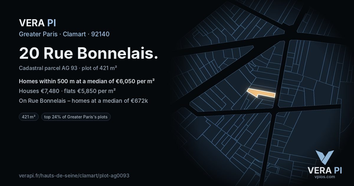20 Rue Bonnelais, Clamart at night – the plot lit, the parcels around coloured by the prices near them