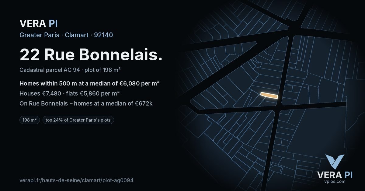 22 Rue Bonnelais, Clamart at night – the plot lit, the parcels around coloured by the prices near them