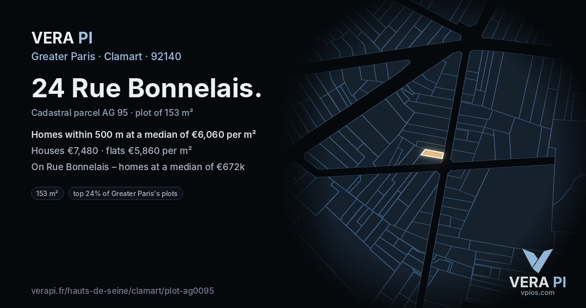24 Rue Bonnelais, Clamart at night – the plot lit, the parcels around coloured by the prices near them