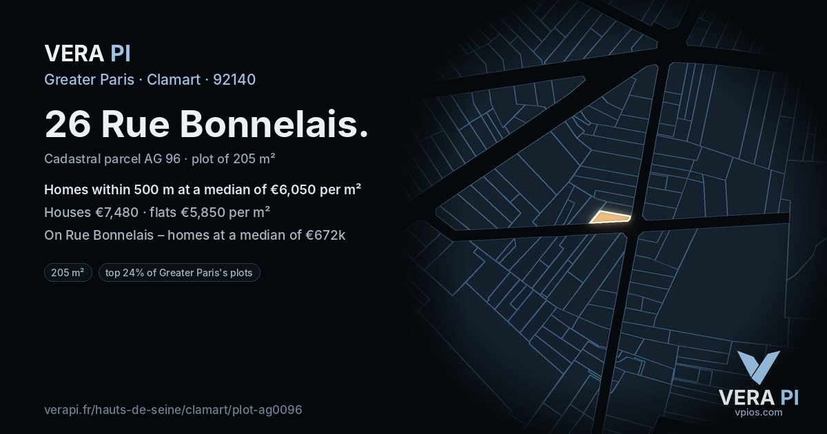 26 Rue Bonnelais, Clamart at night – the plot lit, the parcels around coloured by the prices near them