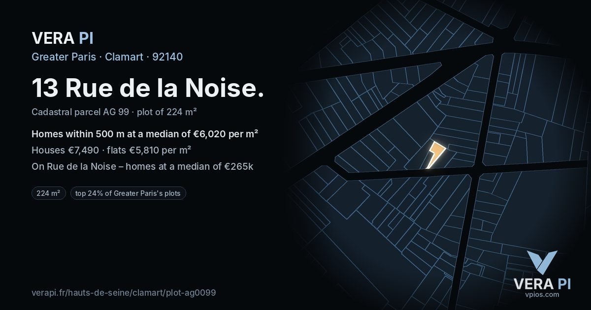 13 Rue de la Noise, Clamart at night – the plot lit, the parcels around coloured by the prices near them