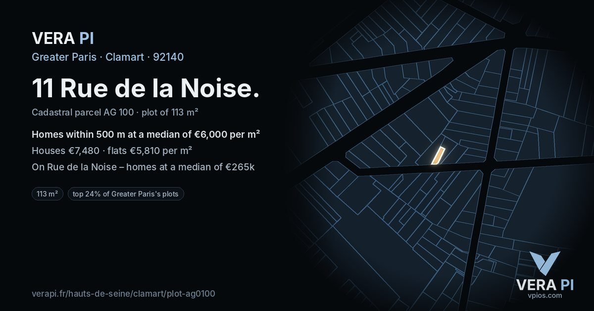 11 Rue de la Noise, Clamart at night – the plot lit, the parcels around coloured by the prices near them