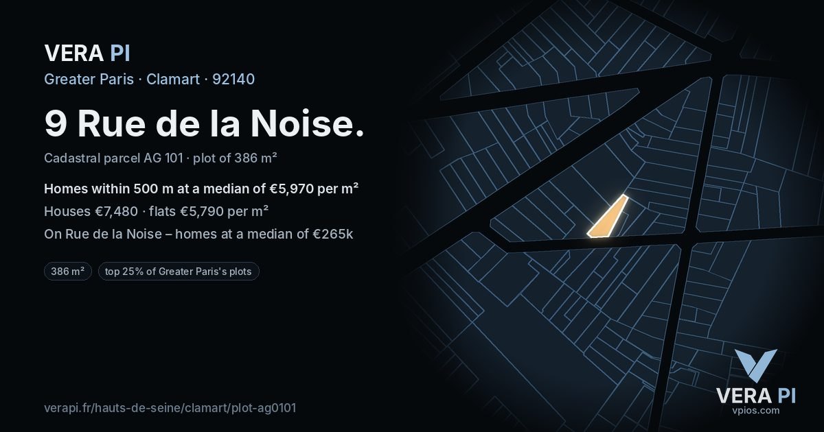 9 Rue de la Noise, Clamart at night – the plot lit, the parcels around coloured by the prices near them