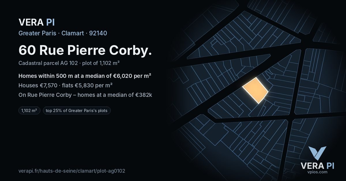 60 Rue Pierre Corby, Clamart at night – the plot lit, the parcels around coloured by the prices near them