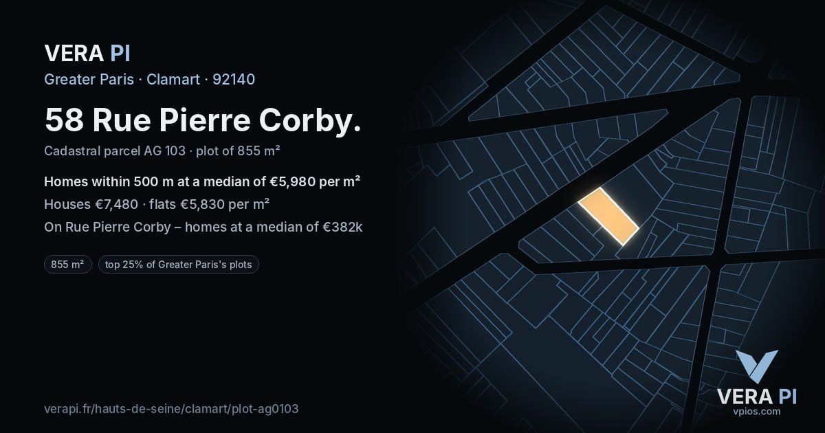 58 Rue Pierre Corby, Clamart at night – the plot lit, the parcels around coloured by the prices near them