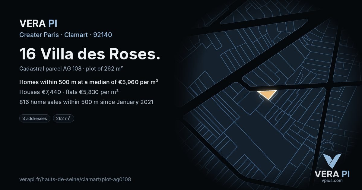 16 Villa des Roses, Clamart at night – the plot lit, the parcels around coloured by the prices near them