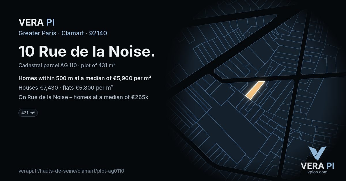 10 Rue de la Noise, Clamart at night – the plot lit, the parcels around coloured by the prices near them