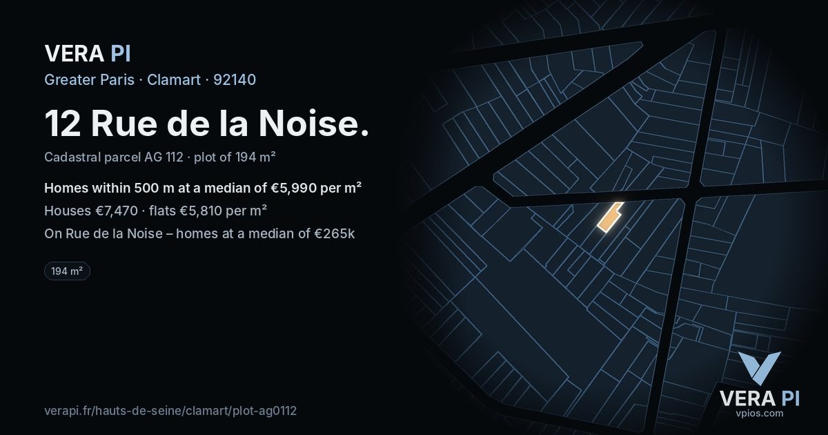 12 Rue de la Noise, Clamart at night – the plot lit, the parcels around coloured by the prices near them