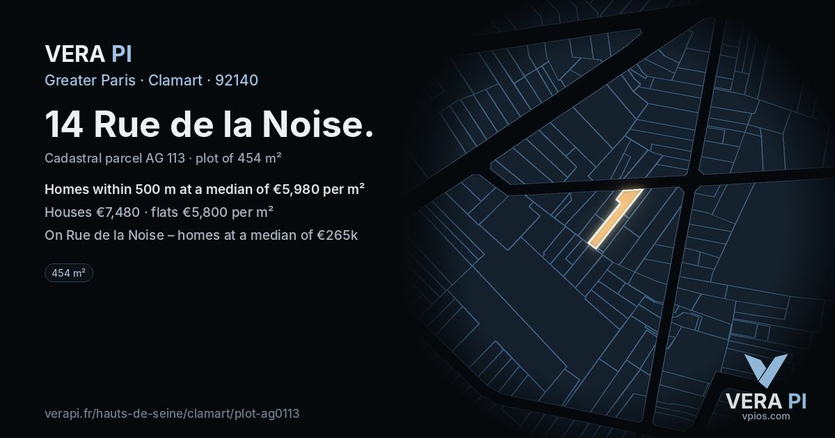 14 Rue de la Noise, Clamart at night – the plot lit, the parcels around coloured by the prices near them