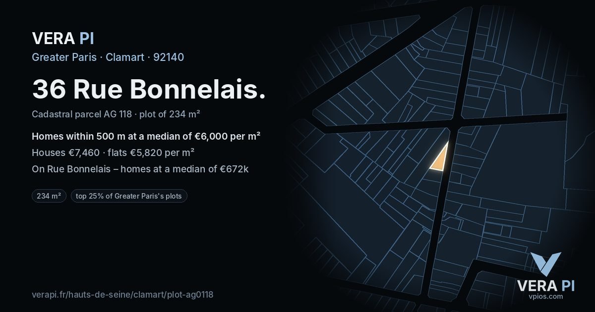 36 Rue Bonnelais, Clamart at night – the plot lit, the parcels around coloured by the prices near them