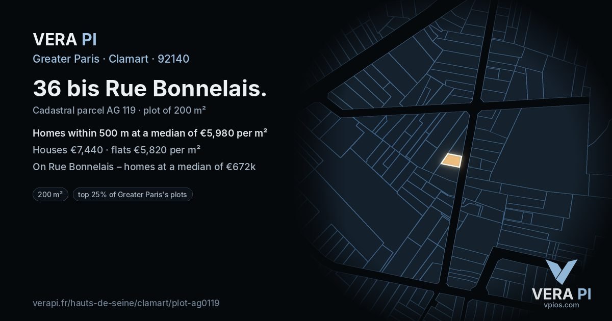 36 bis Rue Bonnelais, Clamart at night – the plot lit, the parcels around coloured by the prices near them