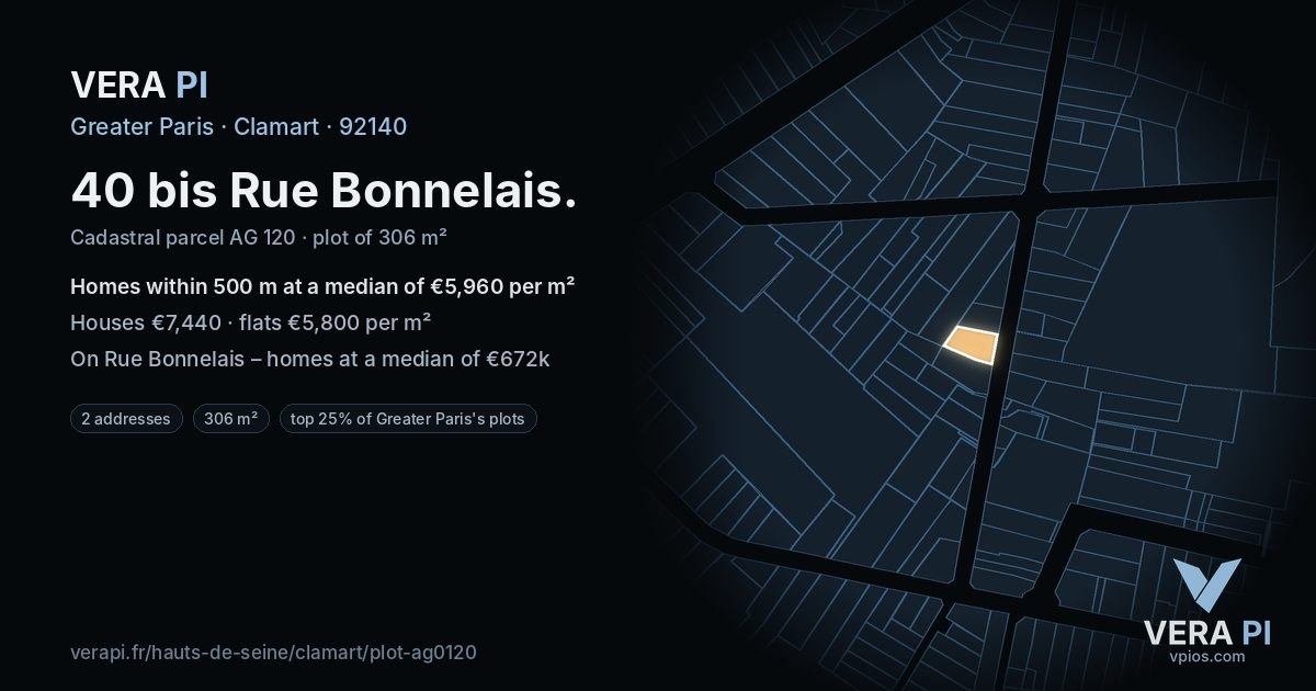 40 bis Rue Bonnelais, Clamart at night – the plot lit, the parcels around coloured by the prices near them