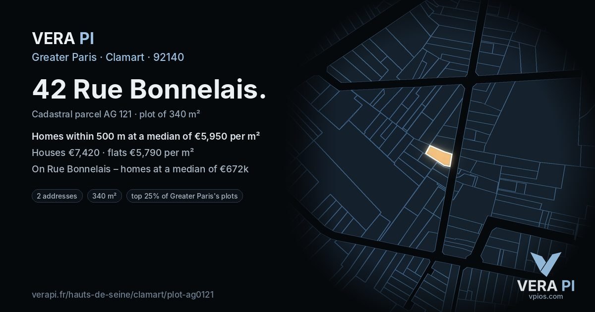42 Rue Bonnelais, Clamart at night – the plot lit, the parcels around coloured by the prices near them