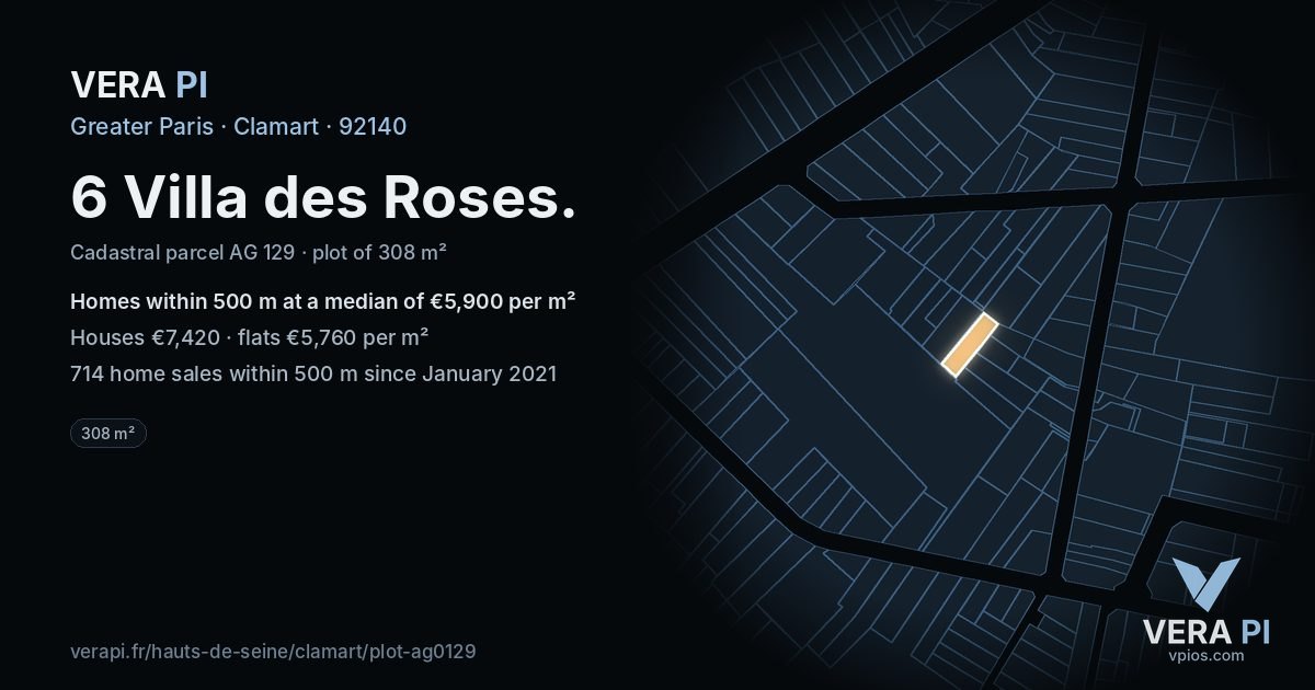 6 Villa des Roses, Clamart at night – the plot lit, the parcels around coloured by the prices near them