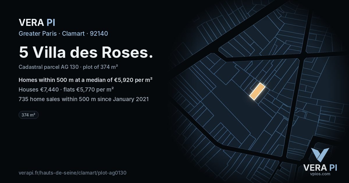 5 Villa des Roses, Clamart at night – the plot lit, the parcels around coloured by the prices near them