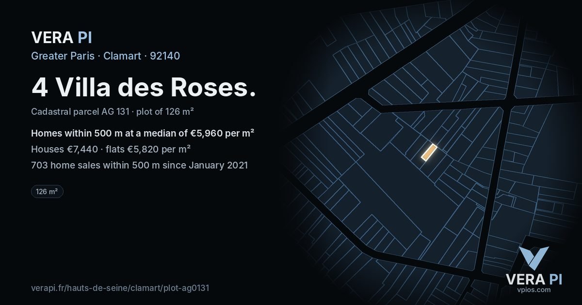 4 Villa des Roses, Clamart at night – the plot lit, the parcels around coloured by the prices near them