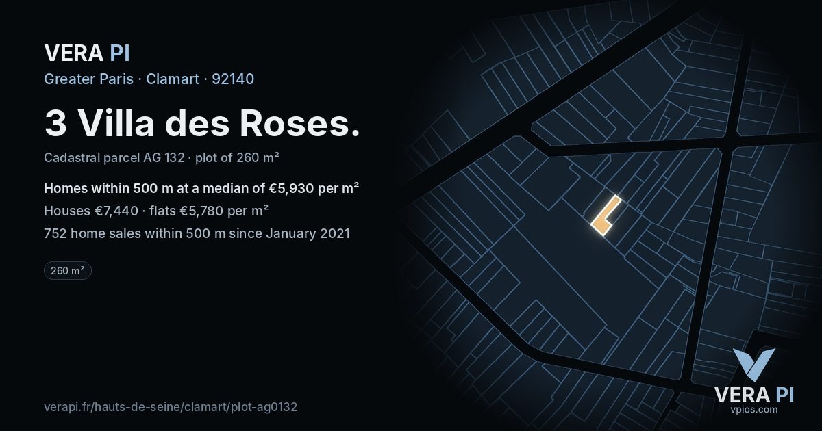 3 Villa des Roses, Clamart at night – the plot lit, the parcels around coloured by the prices near them