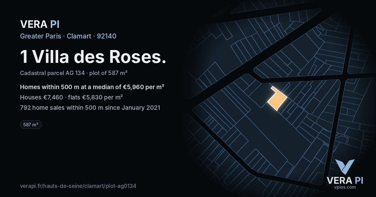 1 Villa des Roses, Clamart at night – the plot lit, the parcels around coloured by the prices near them