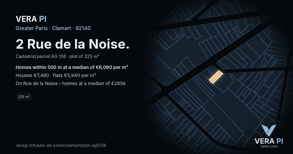 2 Rue de la Noise, Clamart at night – the plot lit, the parcels around coloured by the prices near them
