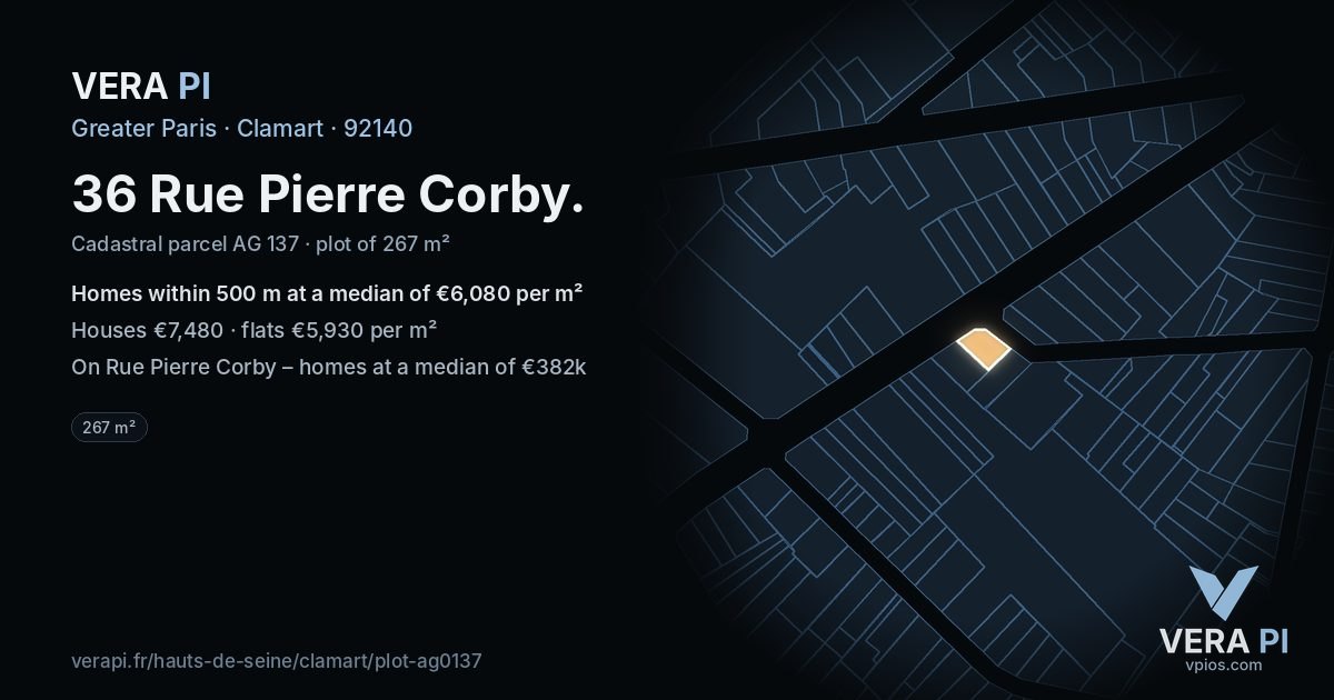 36 Rue Pierre Corby, Clamart at night – the plot lit, the parcels around coloured by the prices near them
