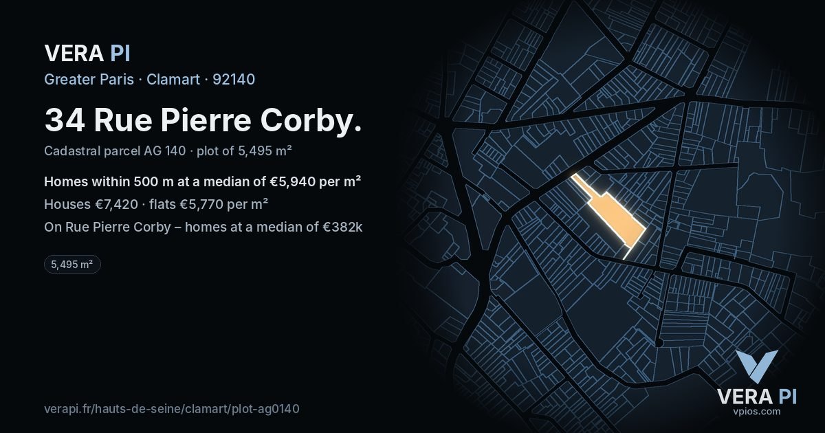 34 Rue Pierre Corby, Clamart at night – the plot lit, the parcels around coloured by the prices near them