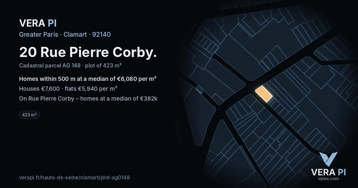 20 Rue Pierre Corby, Clamart at night – the plot lit, the parcels around coloured by the prices near them