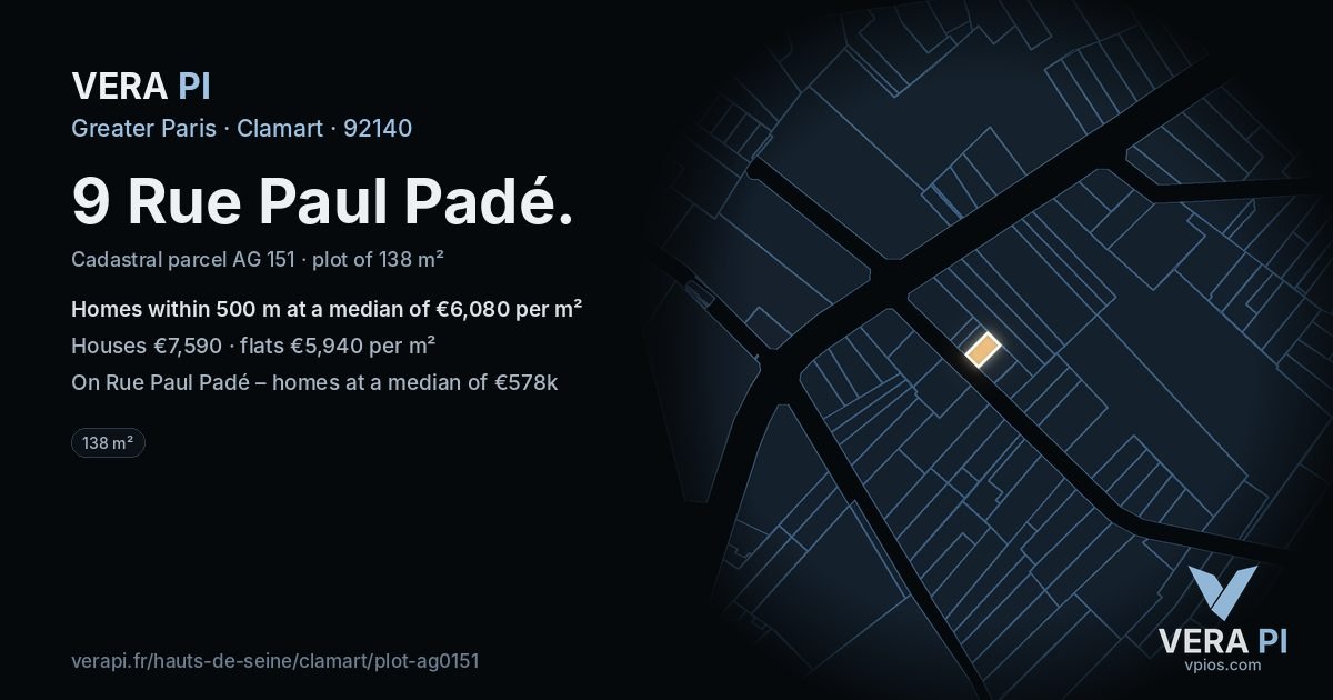 9 Rue Paul Padé, Clamart at night – the plot lit, the parcels around coloured by the prices near them