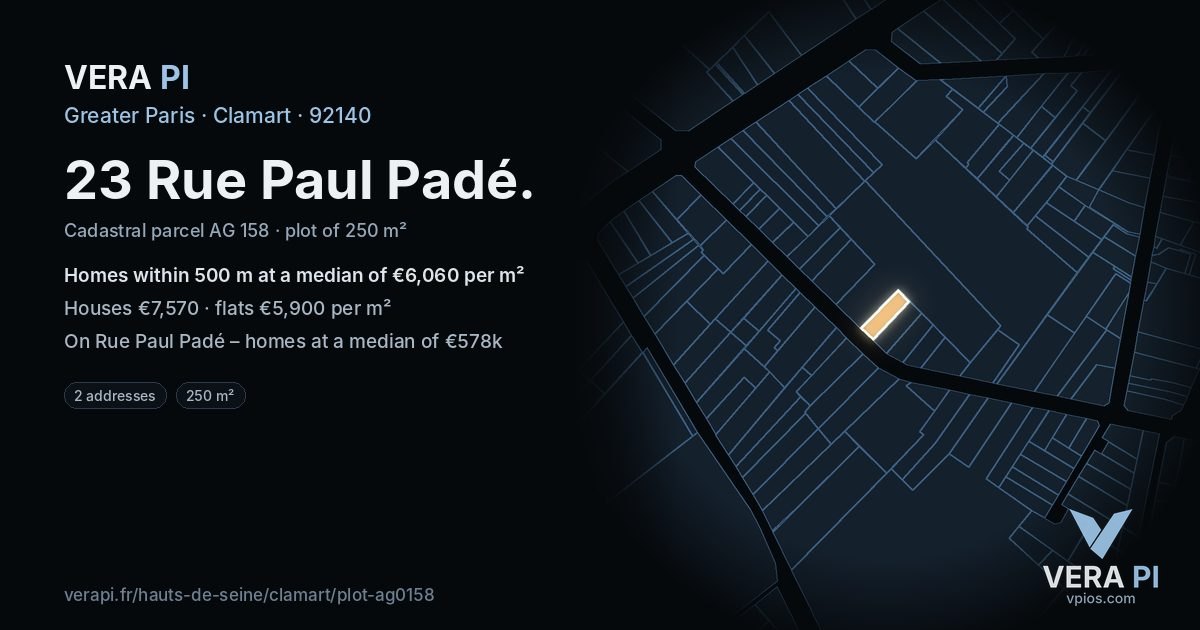 23 Rue Paul Padé, Clamart at night – the plot lit, the parcels around coloured by the prices near them