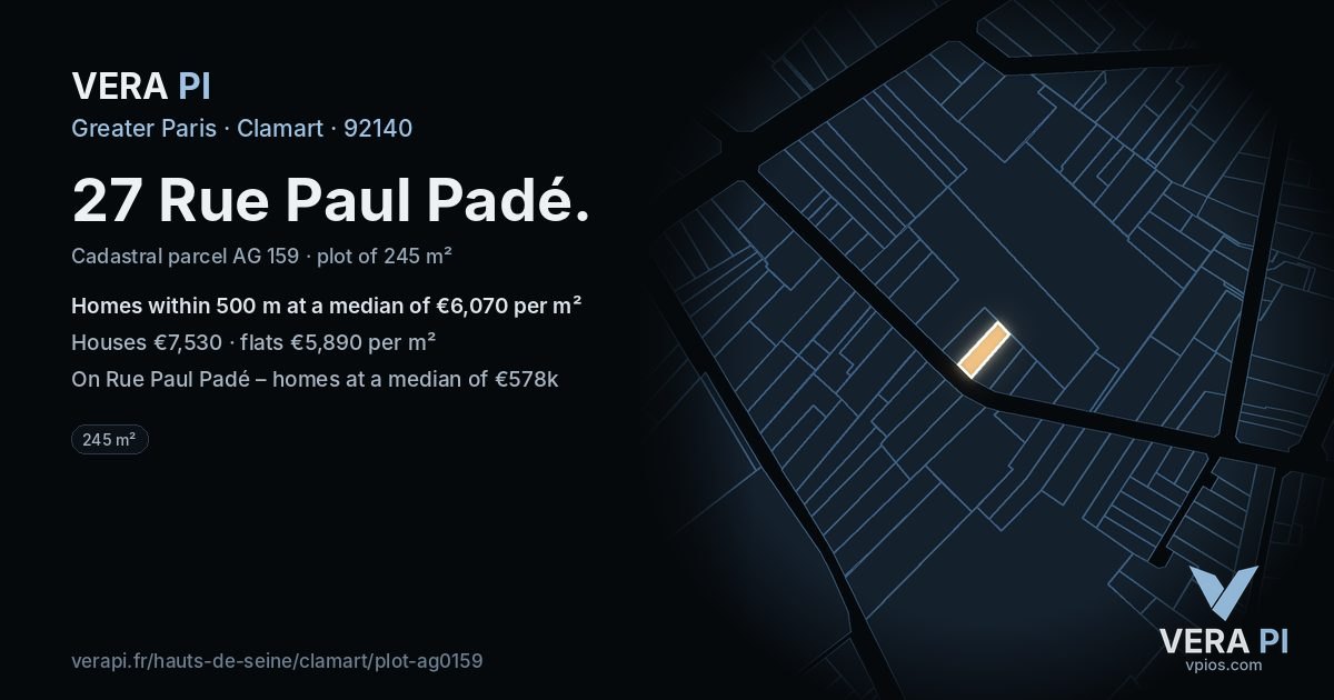 27 Rue Paul Padé, Clamart at night – the plot lit, the parcels around coloured by the prices near them