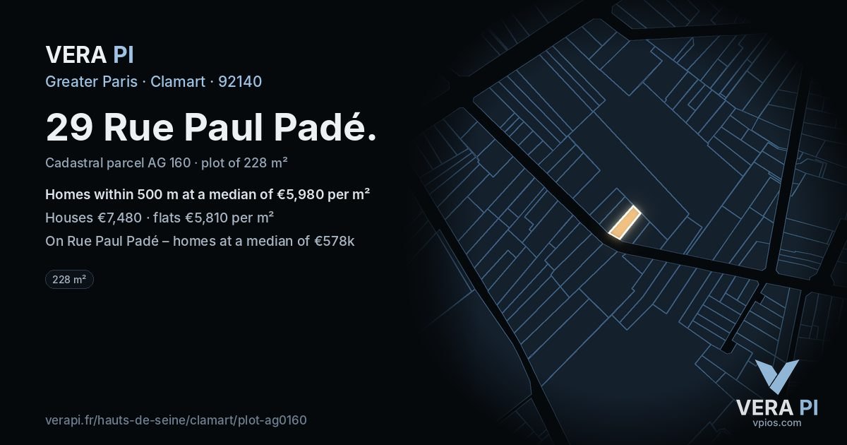 29 Rue Paul Padé, Clamart at night – the plot lit, the parcels around coloured by the prices near them