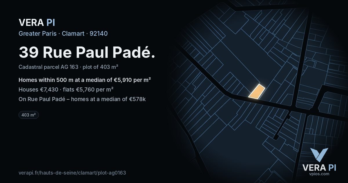 39 Rue Paul Padé, Clamart at night – the plot lit, the parcels around coloured by the prices near them