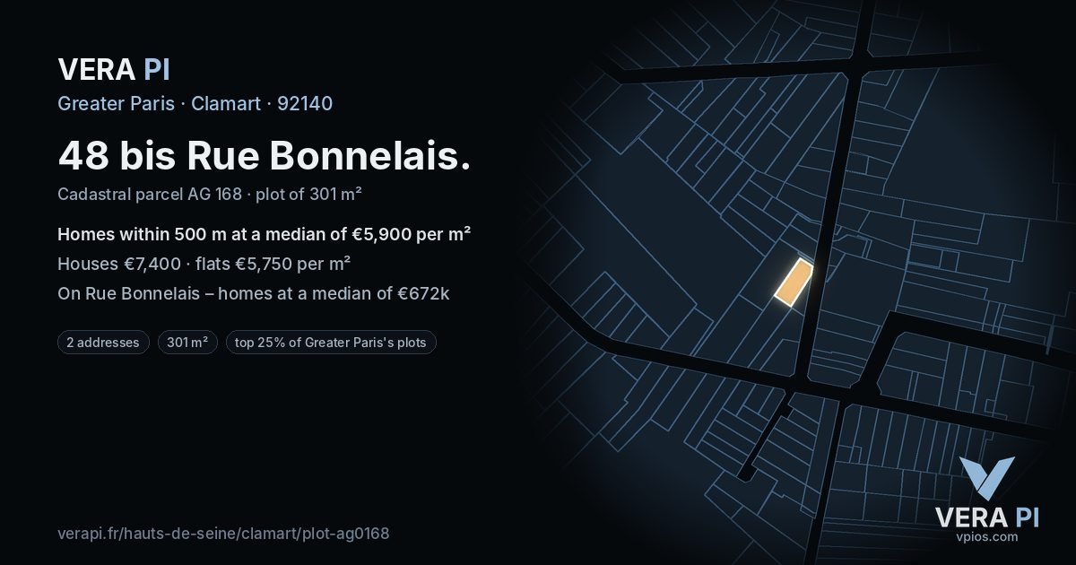 48 bis Rue Bonnelais, Clamart at night – the plot lit, the parcels around coloured by the prices near them