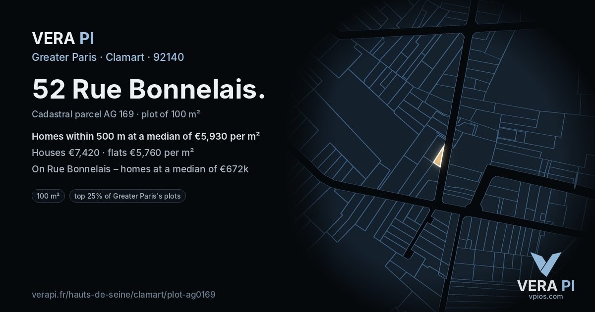 52 Rue Bonnelais, Clamart at night – the plot lit, the parcels around coloured by the prices near them
