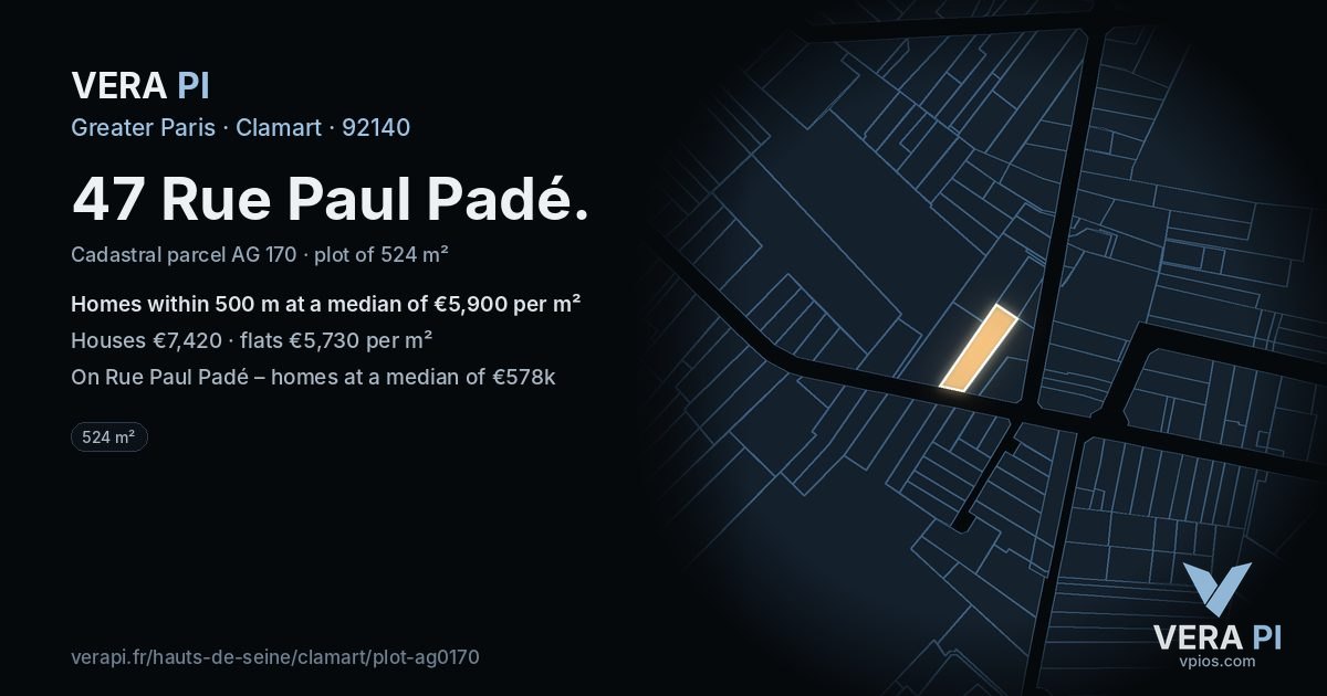 47 Rue Paul Padé, Clamart at night – the plot lit, the parcels around coloured by the prices near them