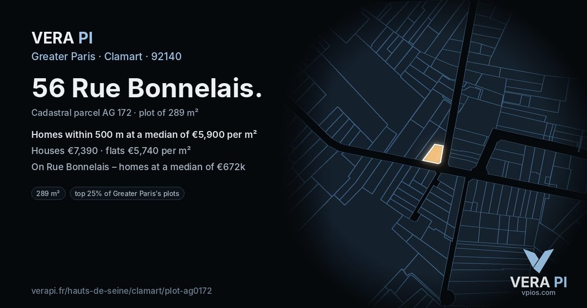 56 Rue Bonnelais, Clamart at night – the plot lit, the parcels around coloured by the prices near them