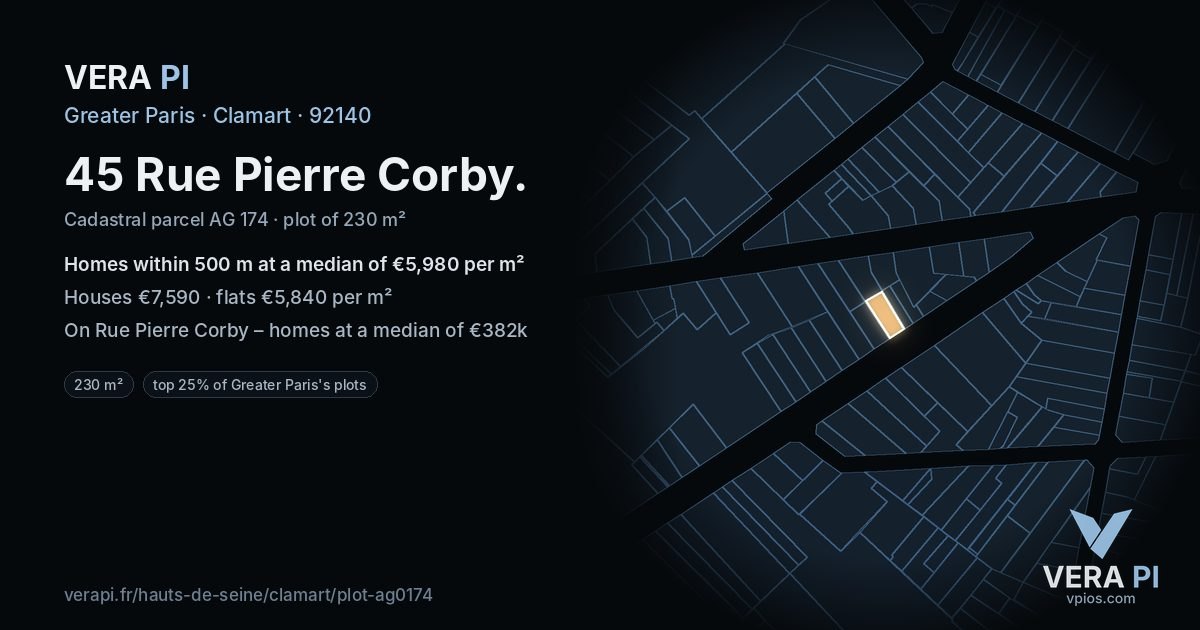 45 Rue Pierre Corby, Clamart at night – the plot lit, the parcels around coloured by the prices near them
