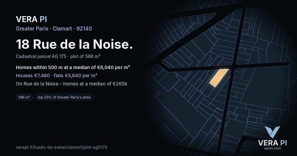 18 Rue de la Noise, Clamart at night – the plot lit, the parcels around coloured by the prices near them