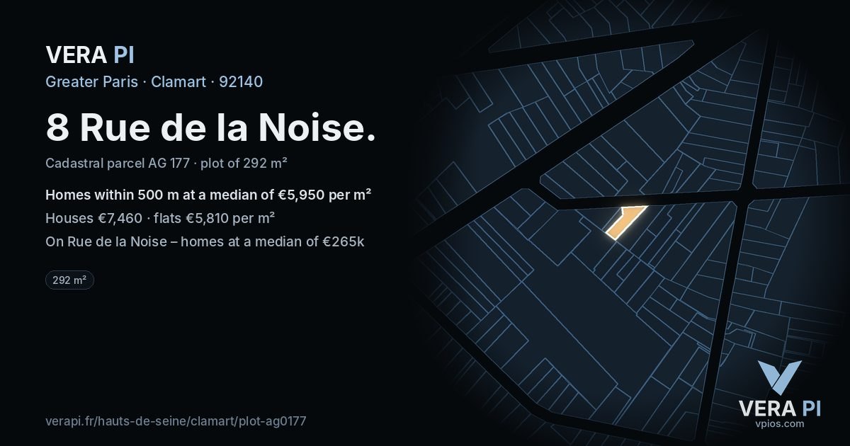 8 Rue de la Noise, Clamart at night – the plot lit, the parcels around coloured by the prices near them