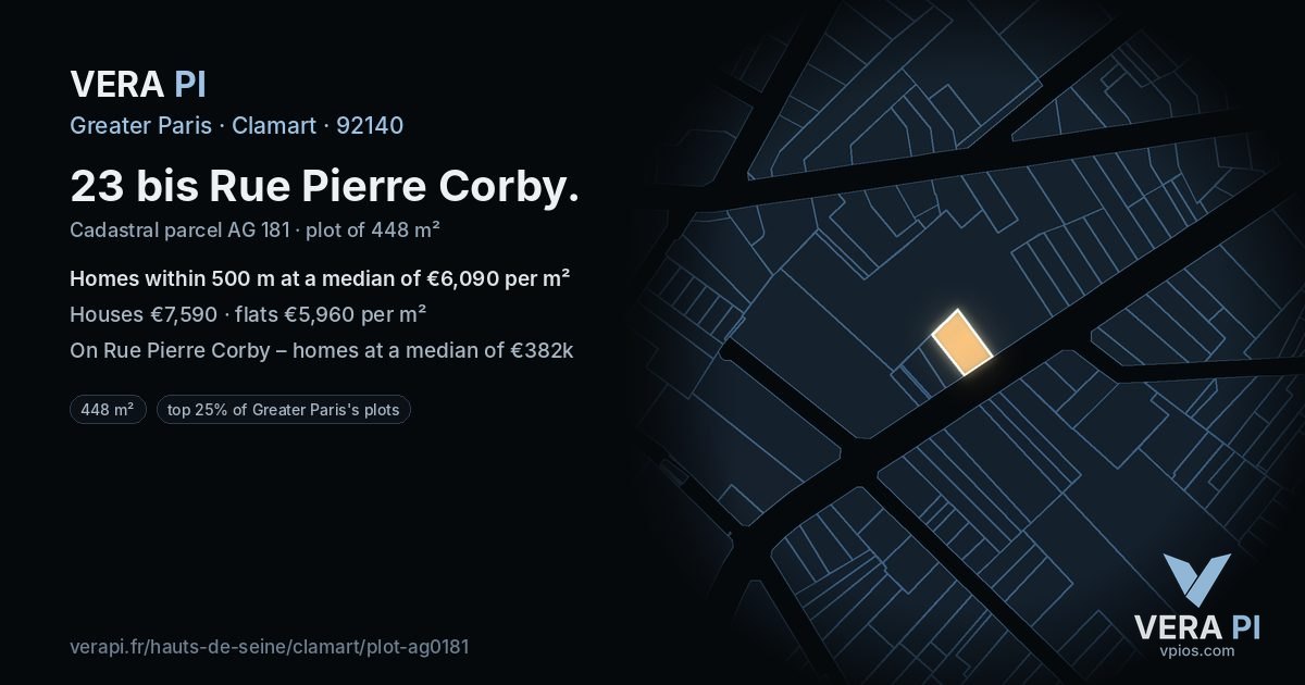 23 bis Rue Pierre Corby, Clamart at night – the plot lit, the parcels around coloured by the prices near them