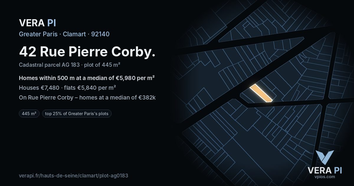 42 Rue Pierre Corby, Clamart at night – the plot lit, the parcels around coloured by the prices near them