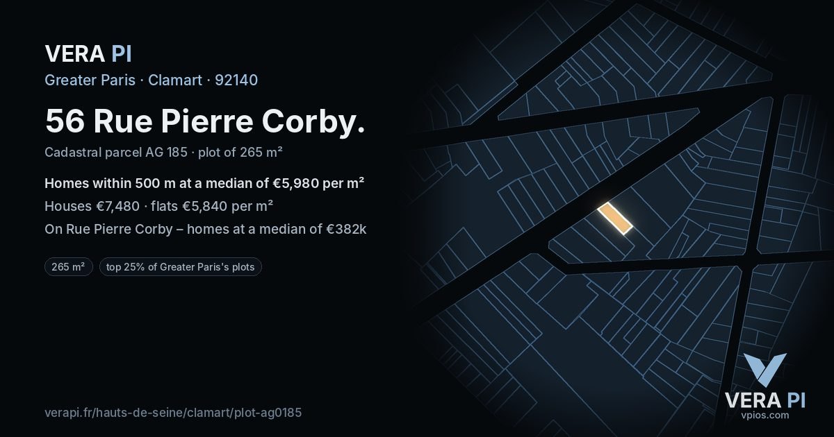 56 Rue Pierre Corby, Clamart at night – the plot lit, the parcels around coloured by the prices near them