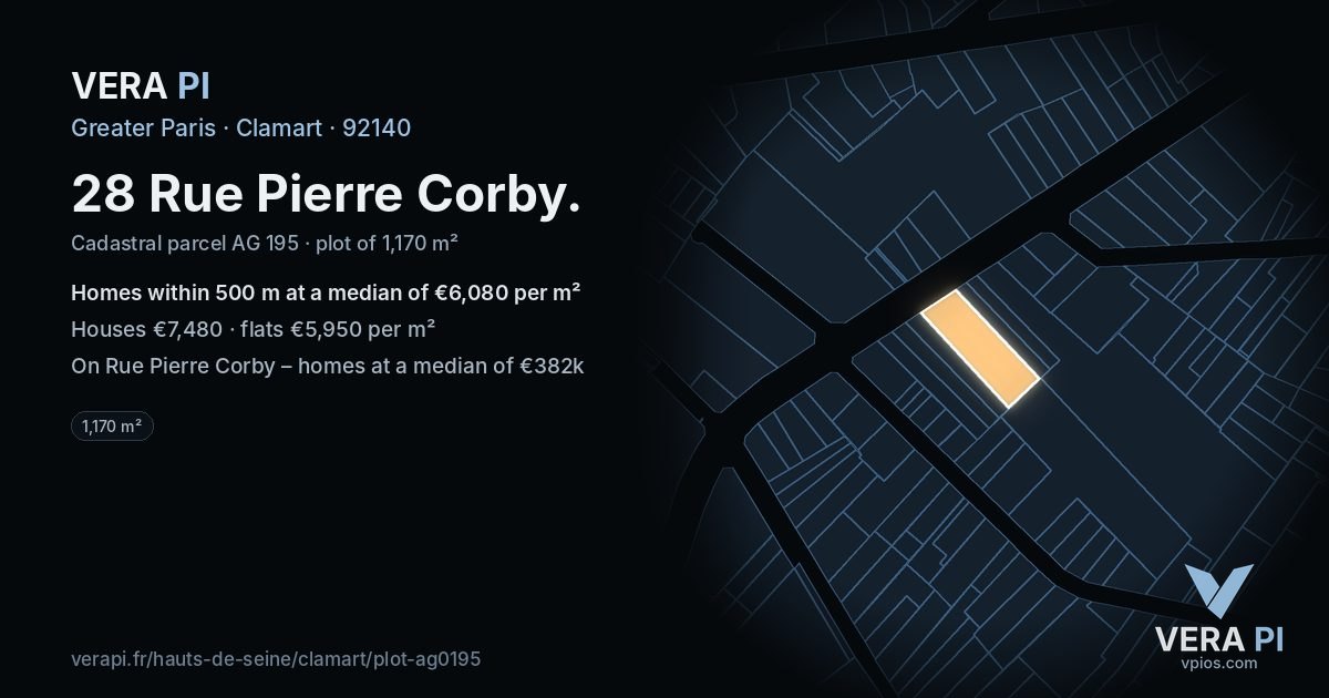 28 Rue Pierre Corby, Clamart at night – the plot lit, the parcels around coloured by the prices near them