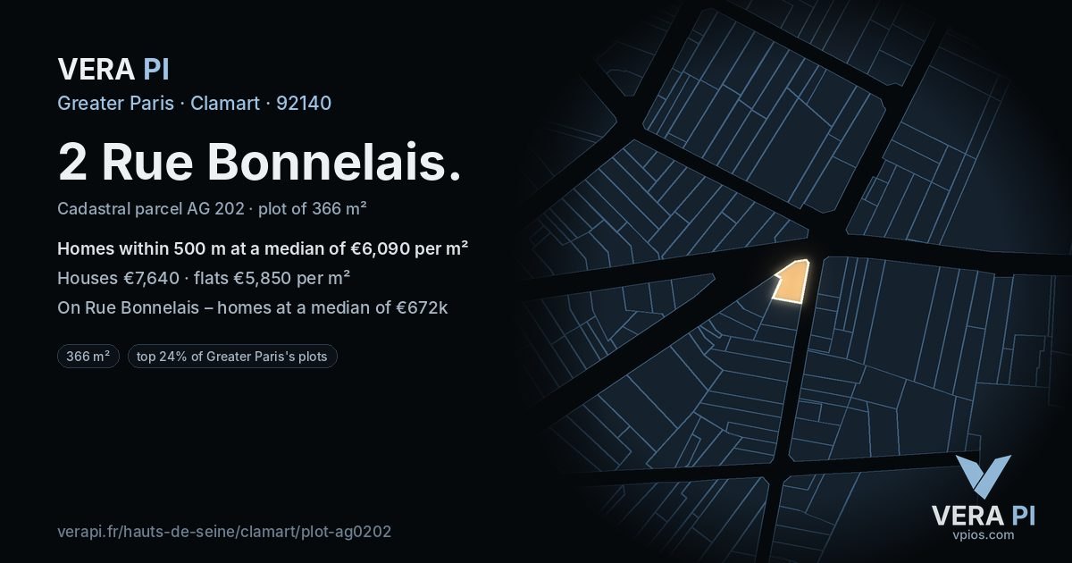 2 Rue Bonnelais, Clamart at night – the plot lit, the parcels around coloured by the prices near them